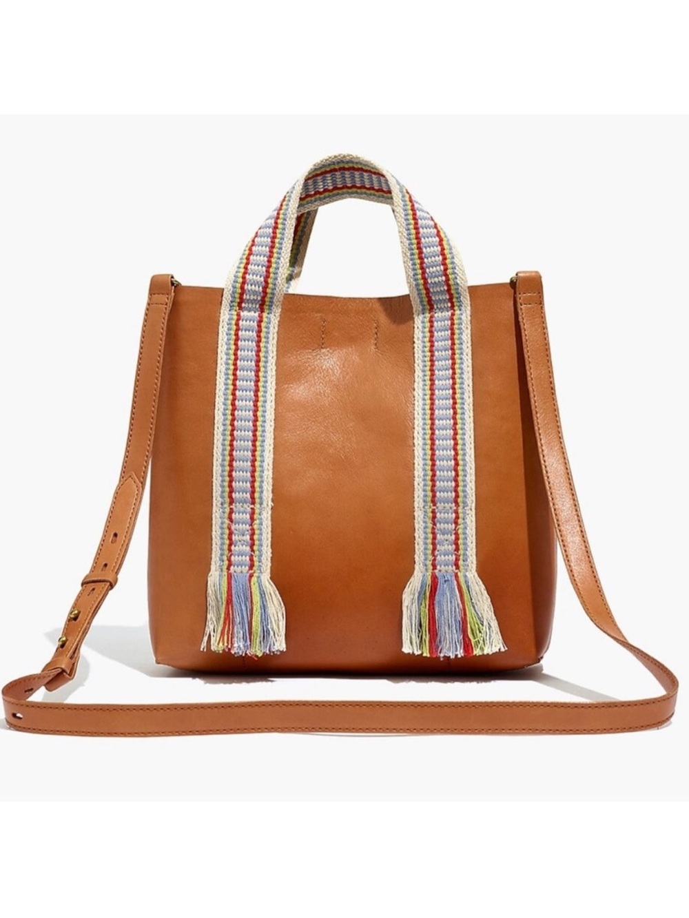 MADEWELL Small Transport Crossbody Tote Tan Leather Woven Fringe AH902